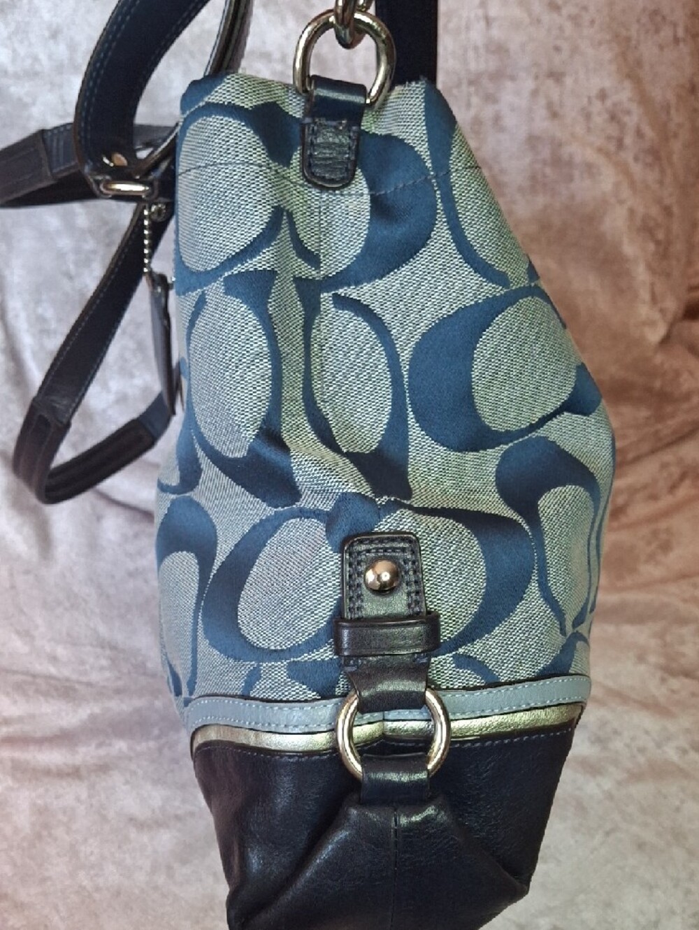 EUC COACH ASHLEY DENIM BLUE Jacquard Navy Trim Large Bag - Picture 4 of 9